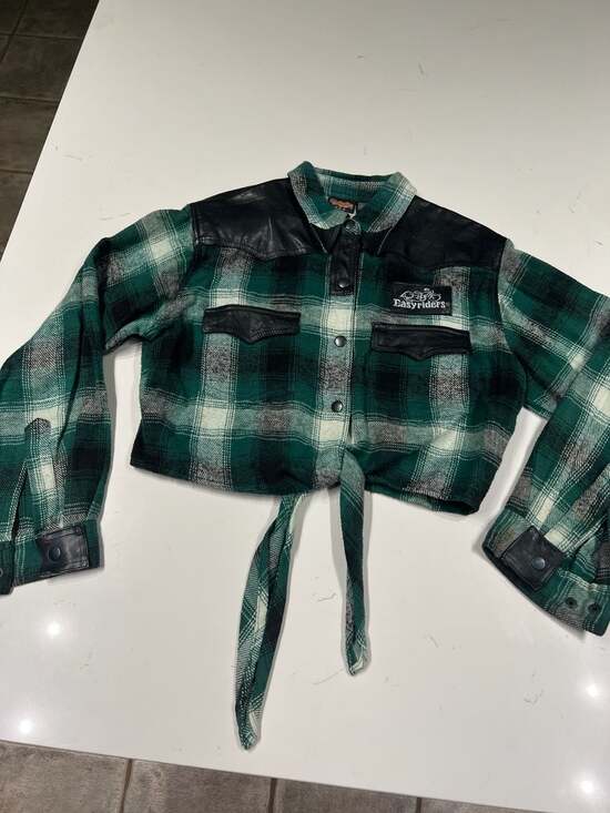 Easyriders Tops - Easyriders Vintage Plaid Flannel Leather Trim Tie Front Cropped Shirt Size L